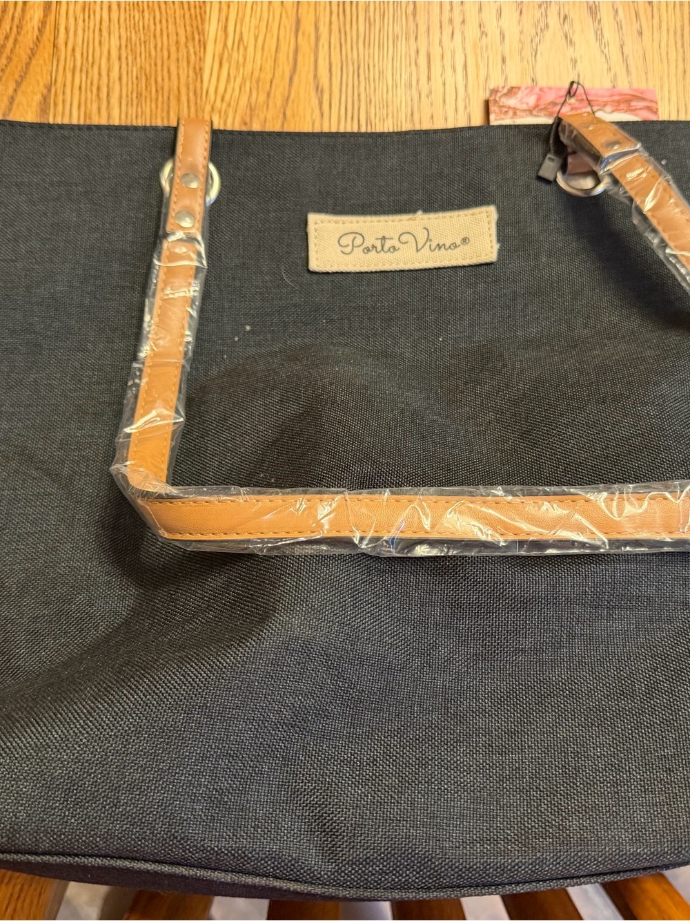Black Canvas Wine Tote with Tan Leather Handles